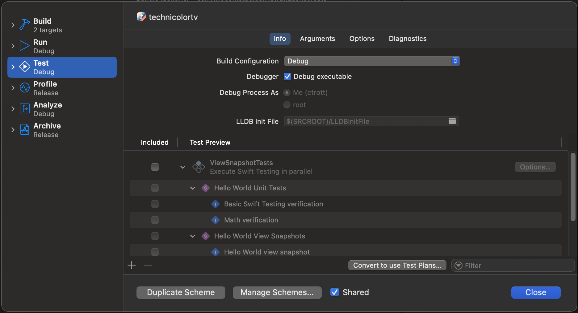 Xcode scheme test panel configuration ignoring ViewSnapshotTests