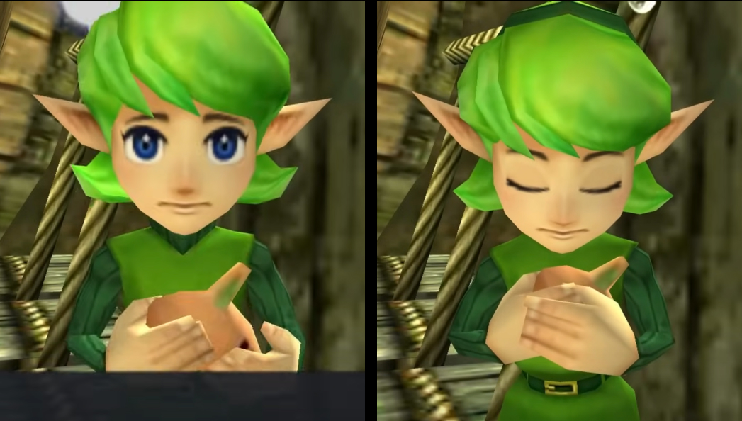 Saria from Ocarina of Time changes her facial expression to match her written dialogue. There's limited animation between expressions, with blinking being an exception.