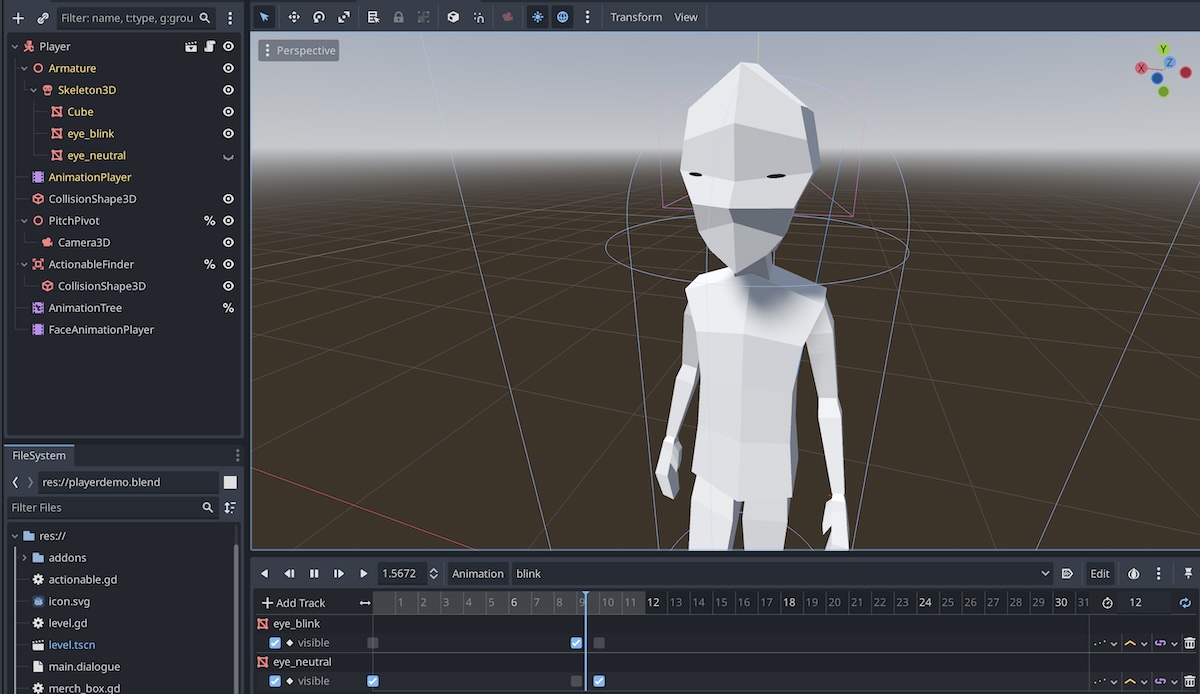 Configuration of the blink animation directly in Godot using the separate eye objects from Blender