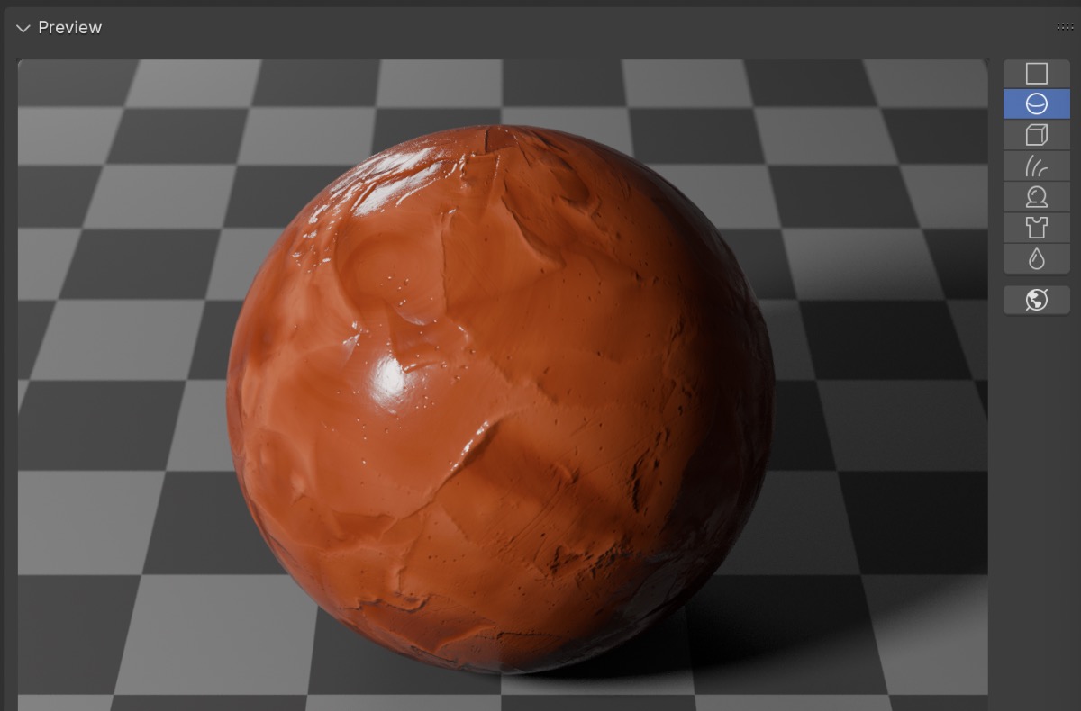 A common preview of a shader in Blender. Other mesh options are selectable on the right.