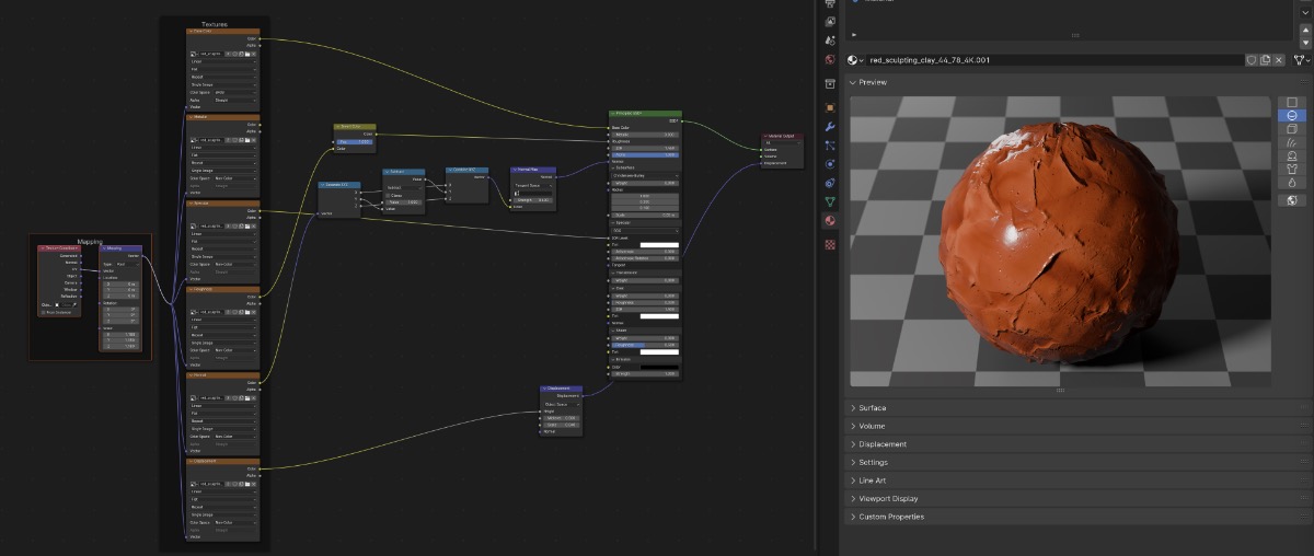 The node setup for the above image texture pack. The stacked brown nodes on the left are the inputs for each image.