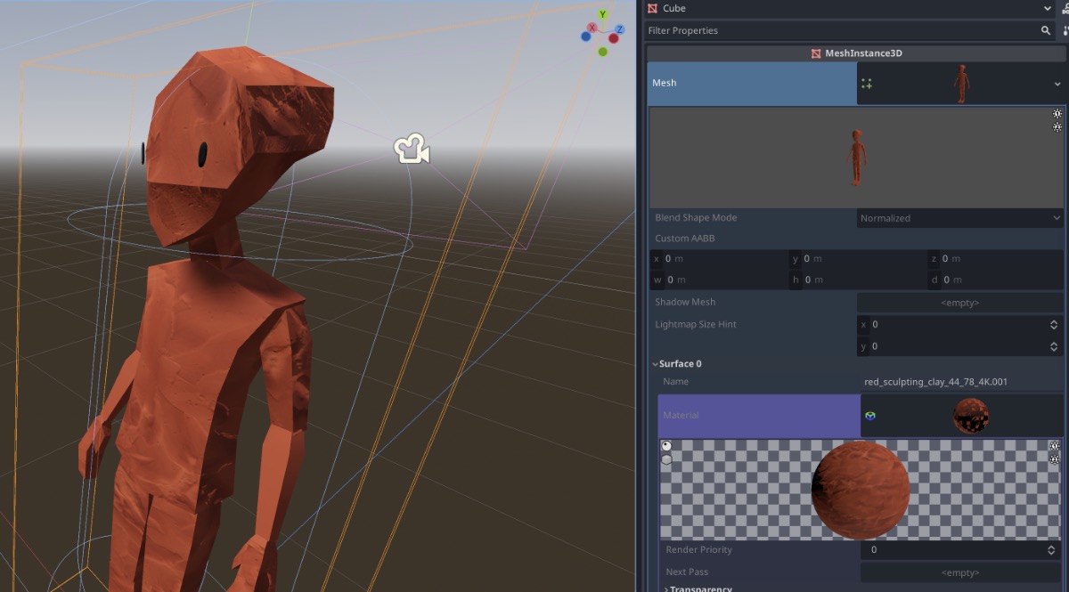 The clay texture setup imported onto our character in Godot. It looks a little flat.