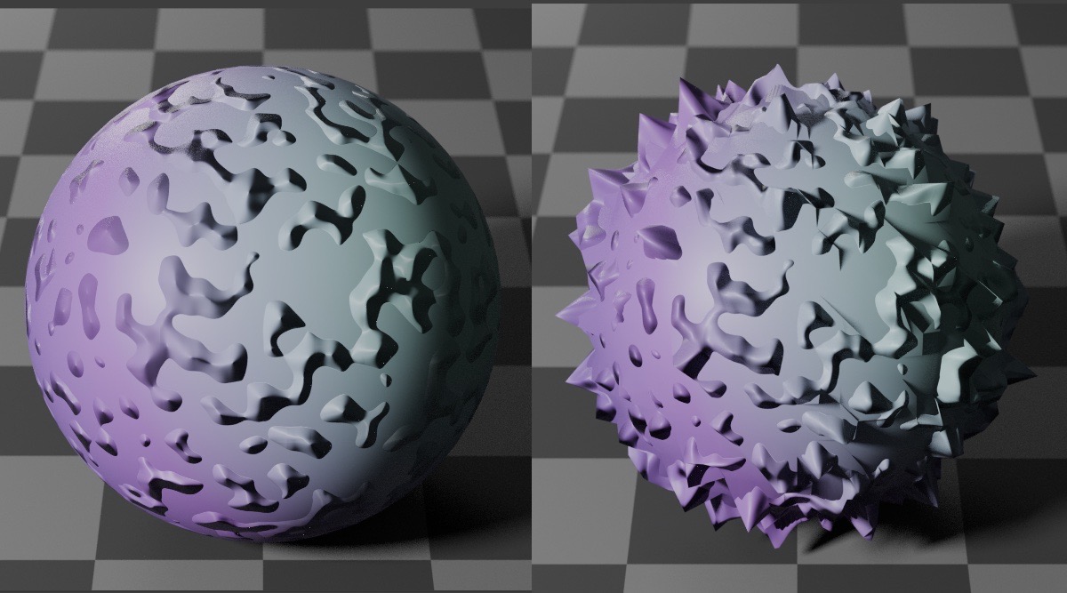 Normal map bump (left) vs. displacement map (right). Notice the silhouette on the normal map (left) is smooth.