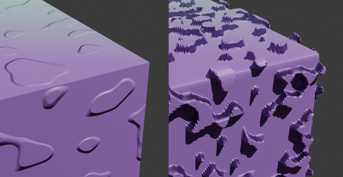 The displacement shader on a cube with only 8 vertices (left) vs. millions of vertices (right).