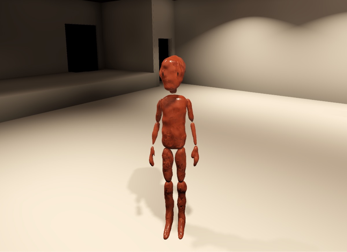 The test character model with the red clay shader texture pack applied (and maybe a little too much displacement).