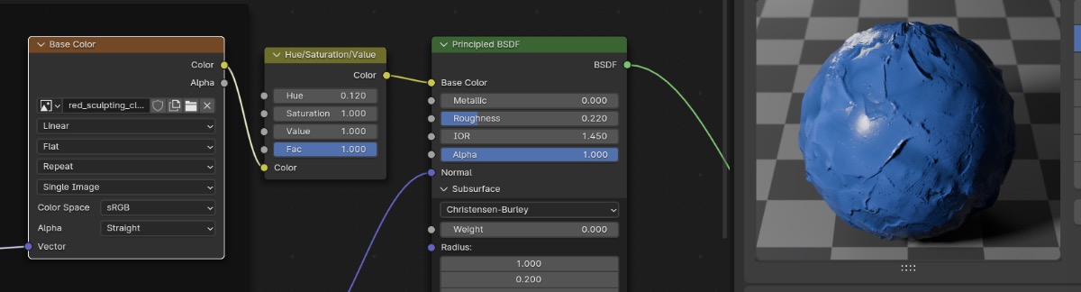 Adding a hue/saturation/value node to alter the diffuse texture's red color in Blender.