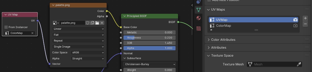 On the left, using the UV map node to specify the secondary UV map be used to select the colors from the color palette texture. On the right, the object data panel showing 2 UV maps: one for the diffuse and one for the non-color textures.