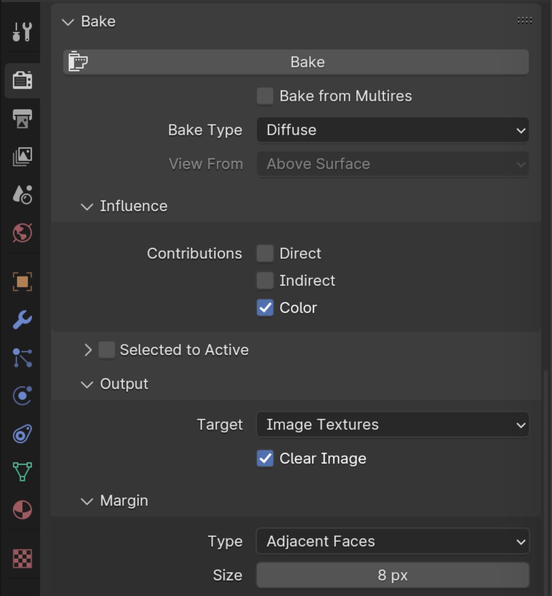 The various texture bake options built into Blender, found in the render panel when Cycles is selected.