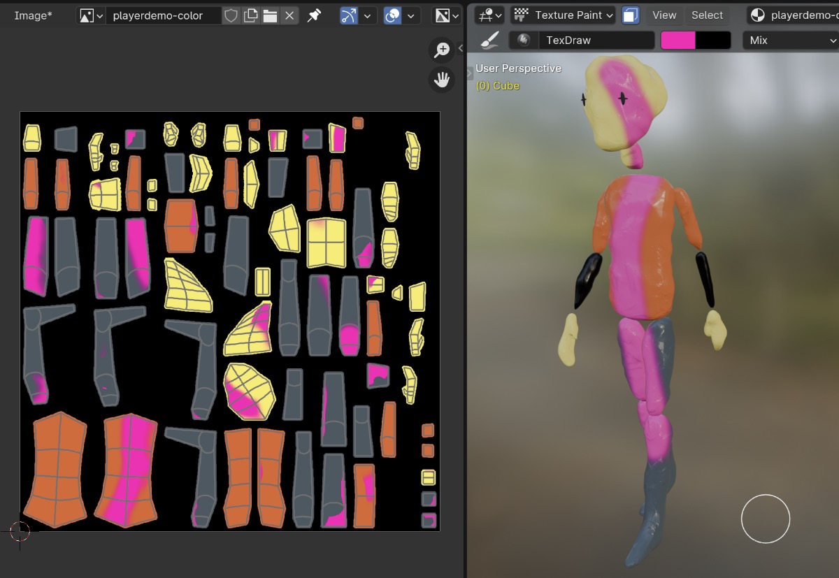 The model in texture paint mode, using the previously baked texture as a base. It's possible to draw directly on the model in the viewport (right) or the 2D bitmap texture (left).