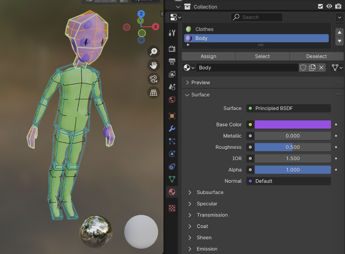 Assigning multiple materials to mesh faces. In the example there are 2 materials (Body, Clothes), and I select faces on the mesh in edit mode and click the Assign button.