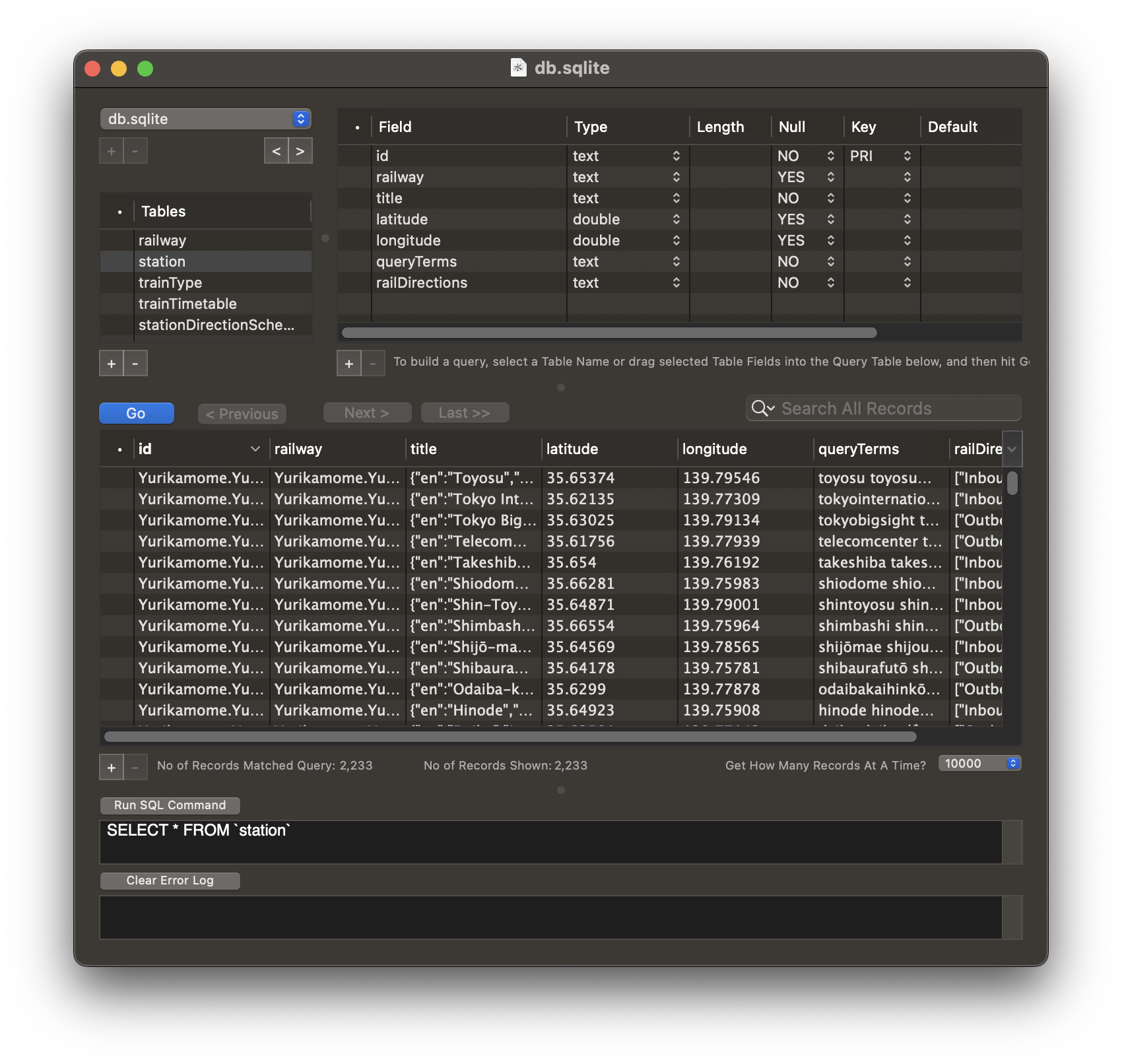 A peek into the SQLite database that powers Eki Bright