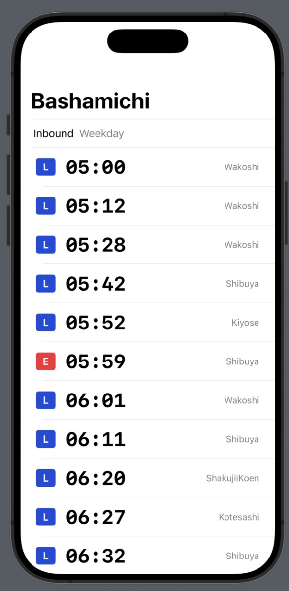 The only screen in the app; a station timetable for one station, inbound, on weekdays