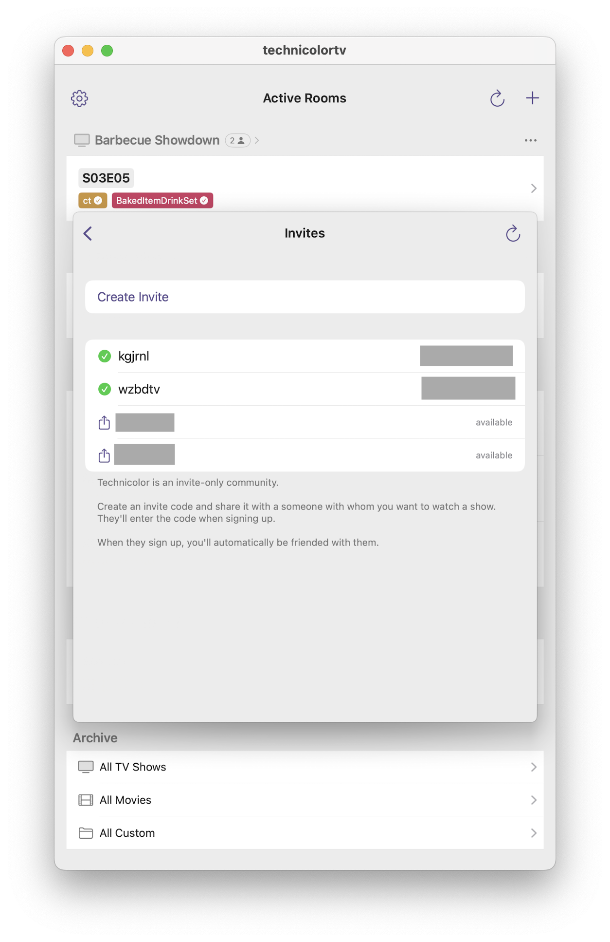 Invite screen for generating invite codes and checking redemption status Invite screen for generating invite codes and checking redemption status
