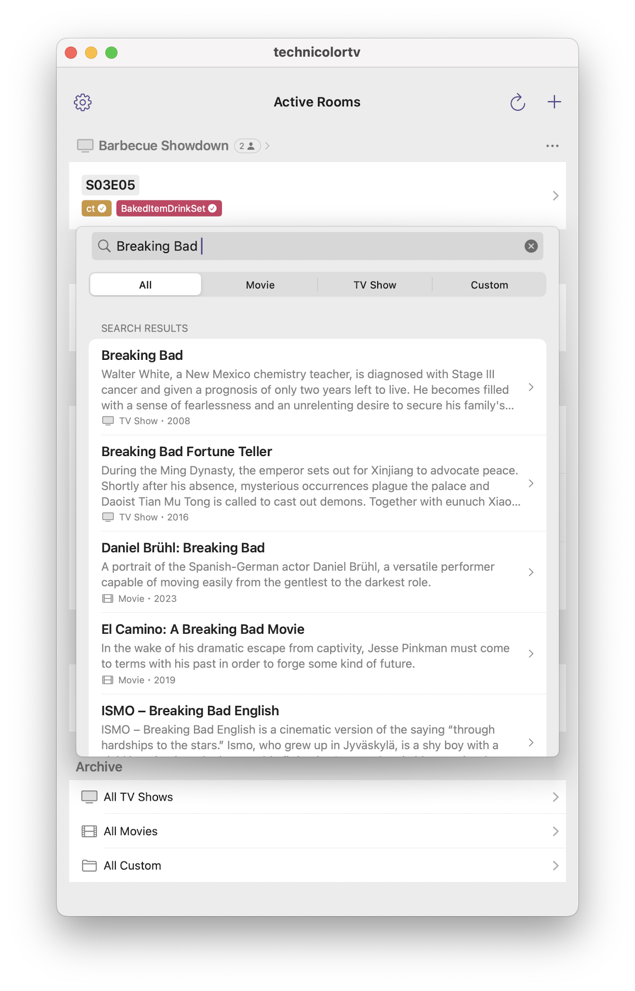 New Room search screen showing Breaking Bad search results New Room search screen showing Breaking Bad search results