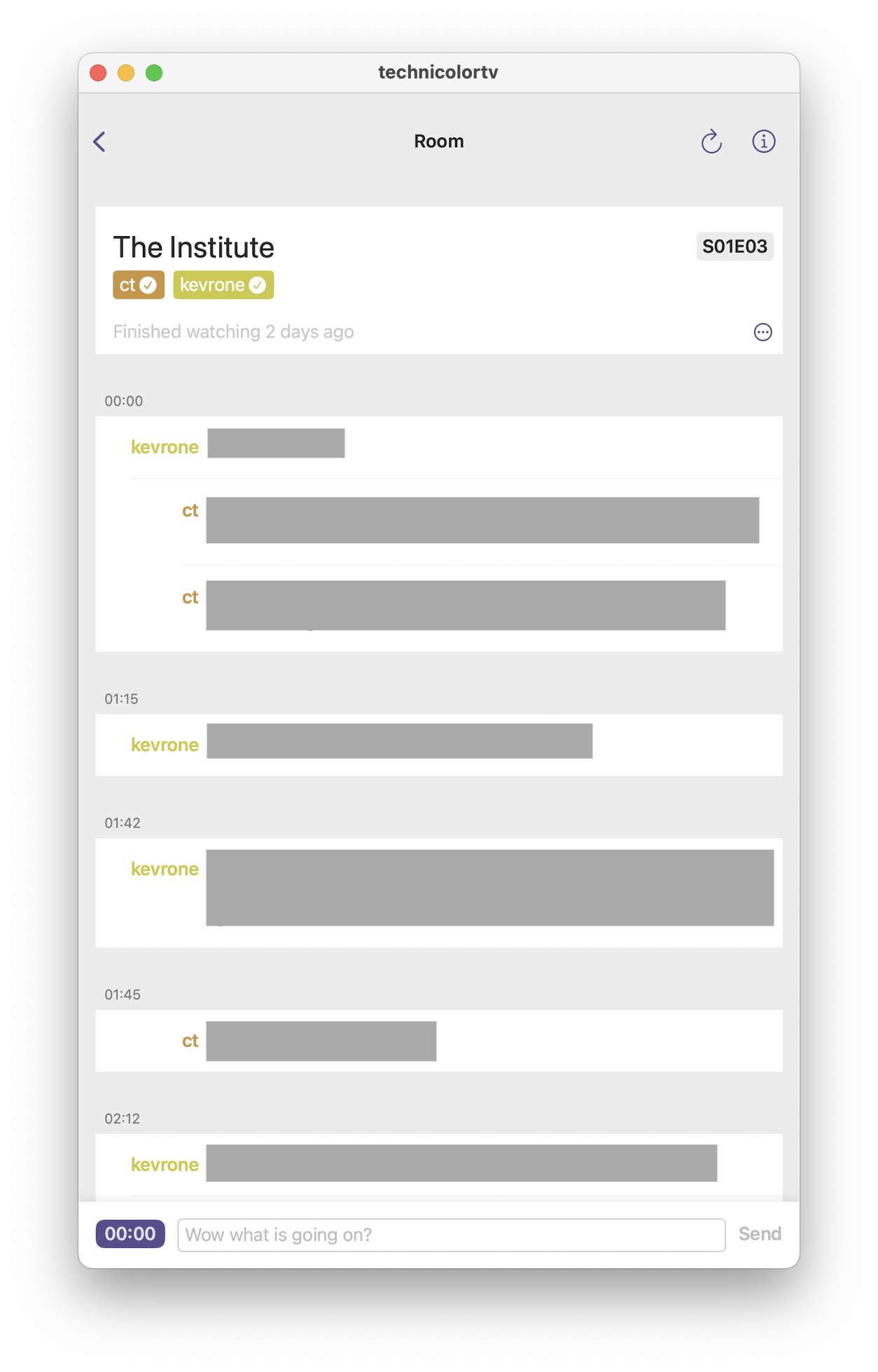 Room interface showing timestamped comments (redacted) Room interface showing timestamped comments (redacted)