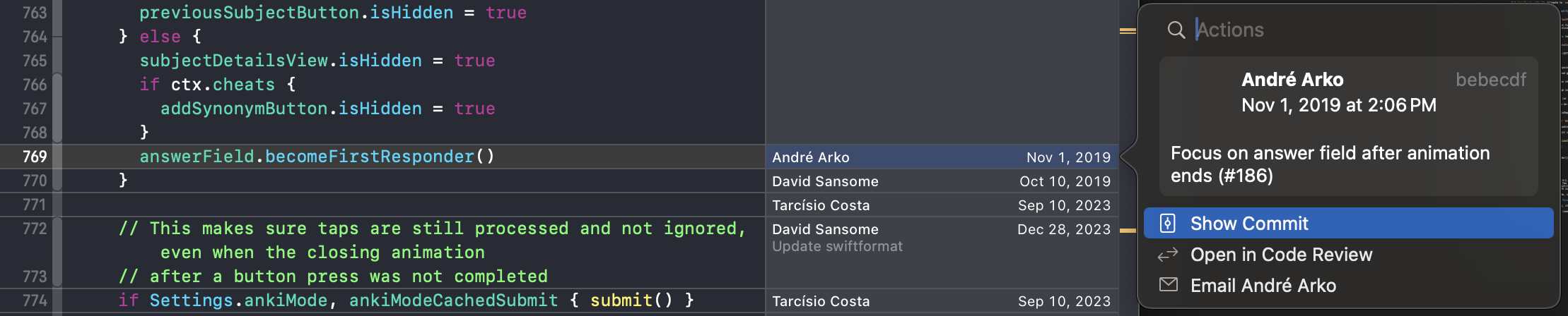 Git blame in Xcode (no blame being thrown from here though).