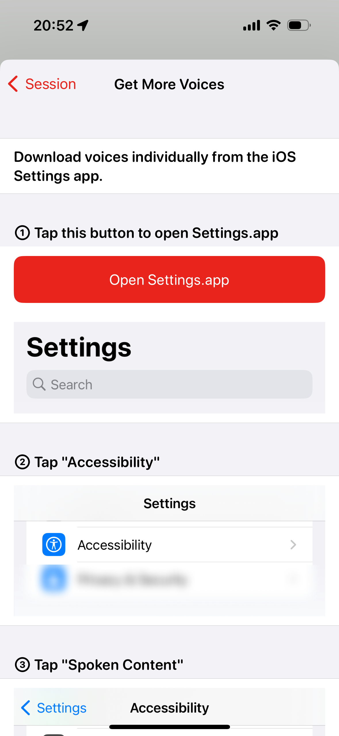 The in-app explainer for how to download voices from iOS system settings