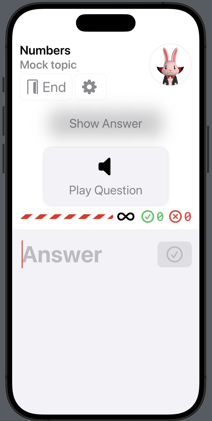 The listening quiz screen at maximum supported accessibility size