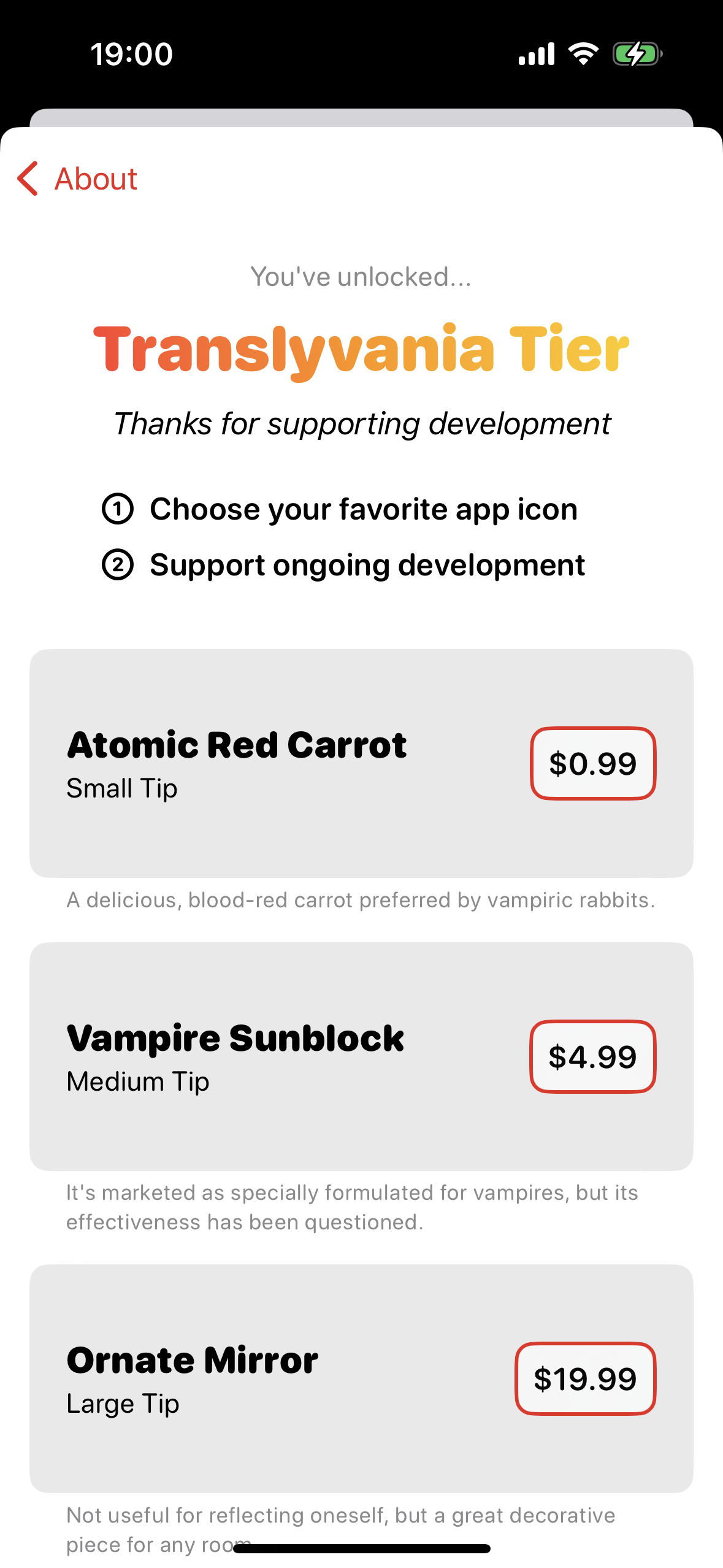 The tip-jar screen for unlocking 'Transylvania Tier'