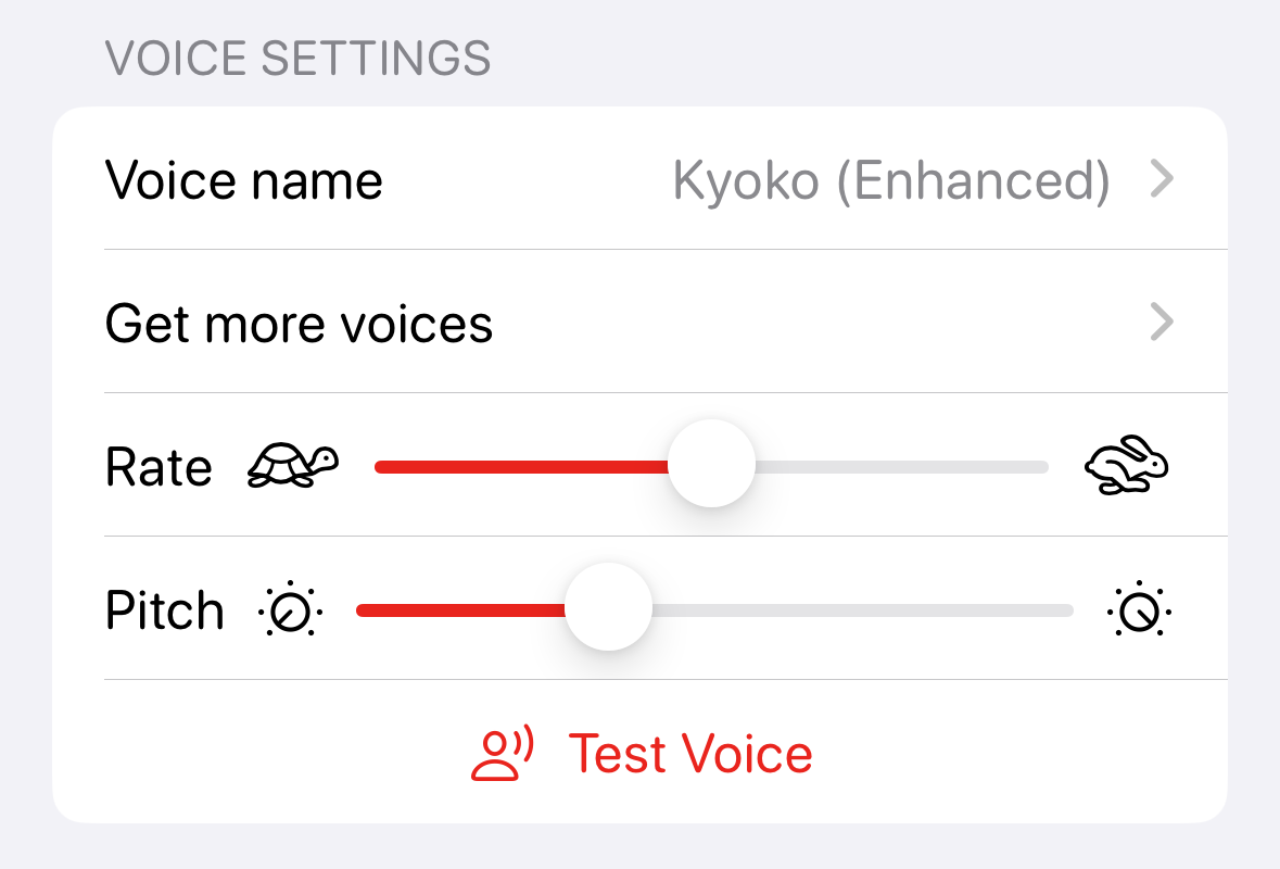 Voice settings within the session settings screen