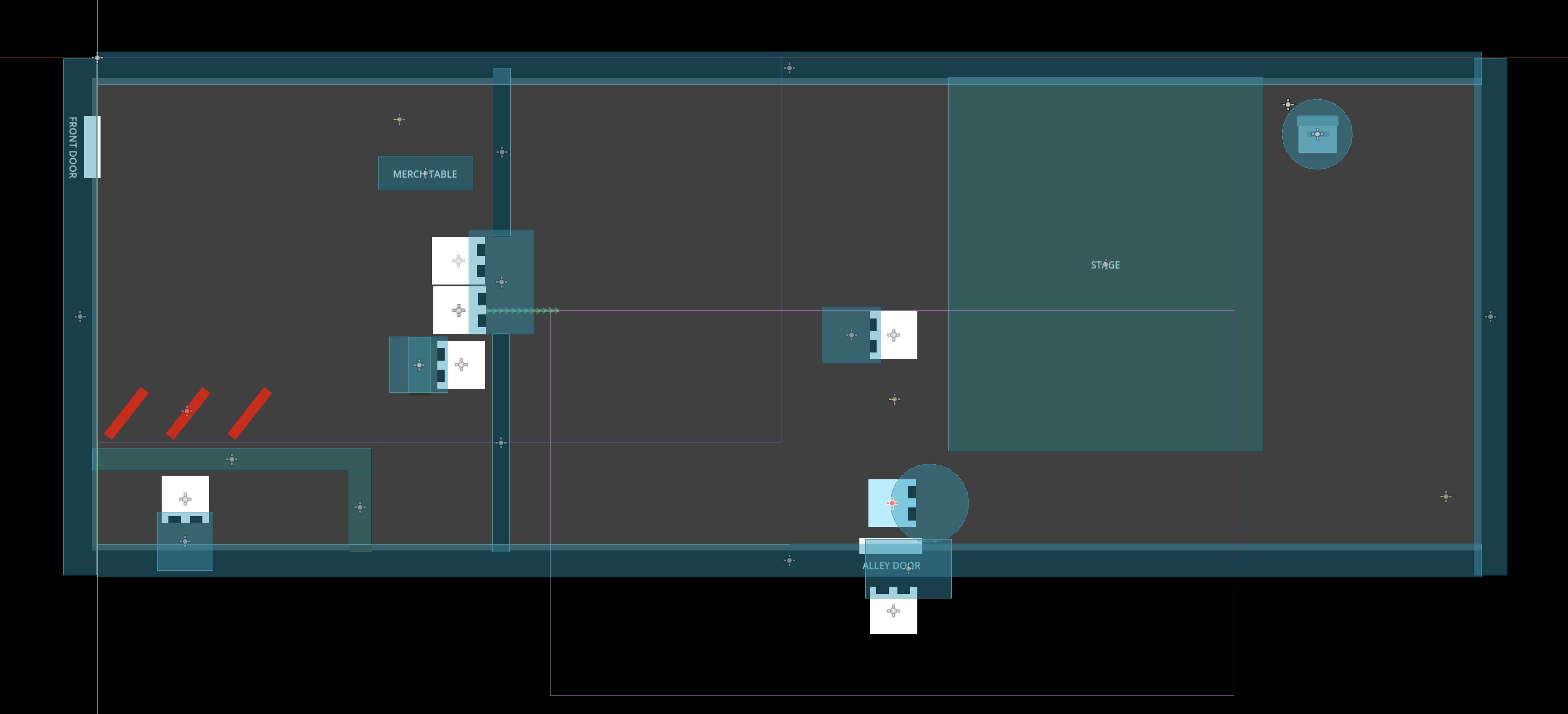 Editor layout of the venue with collision rectangles visible