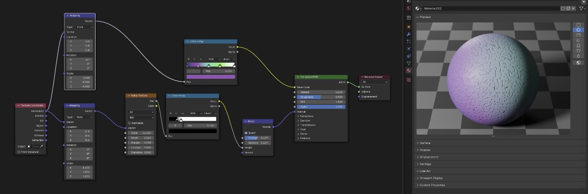 The node setup for an unremarkable but fully procedural shader. The interest is created by a noise generator function using generated texture coordinates (discussed later) as an input.