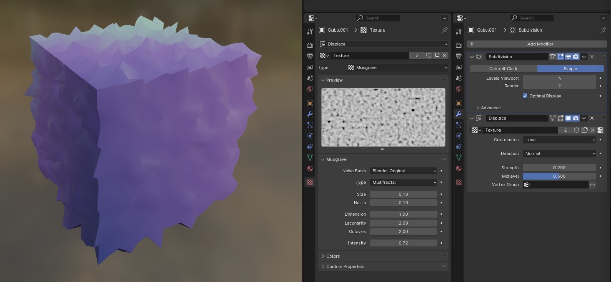 The displacement modifier on a subdivided cube driven by a musgrave texture and rendered by EEVEE.