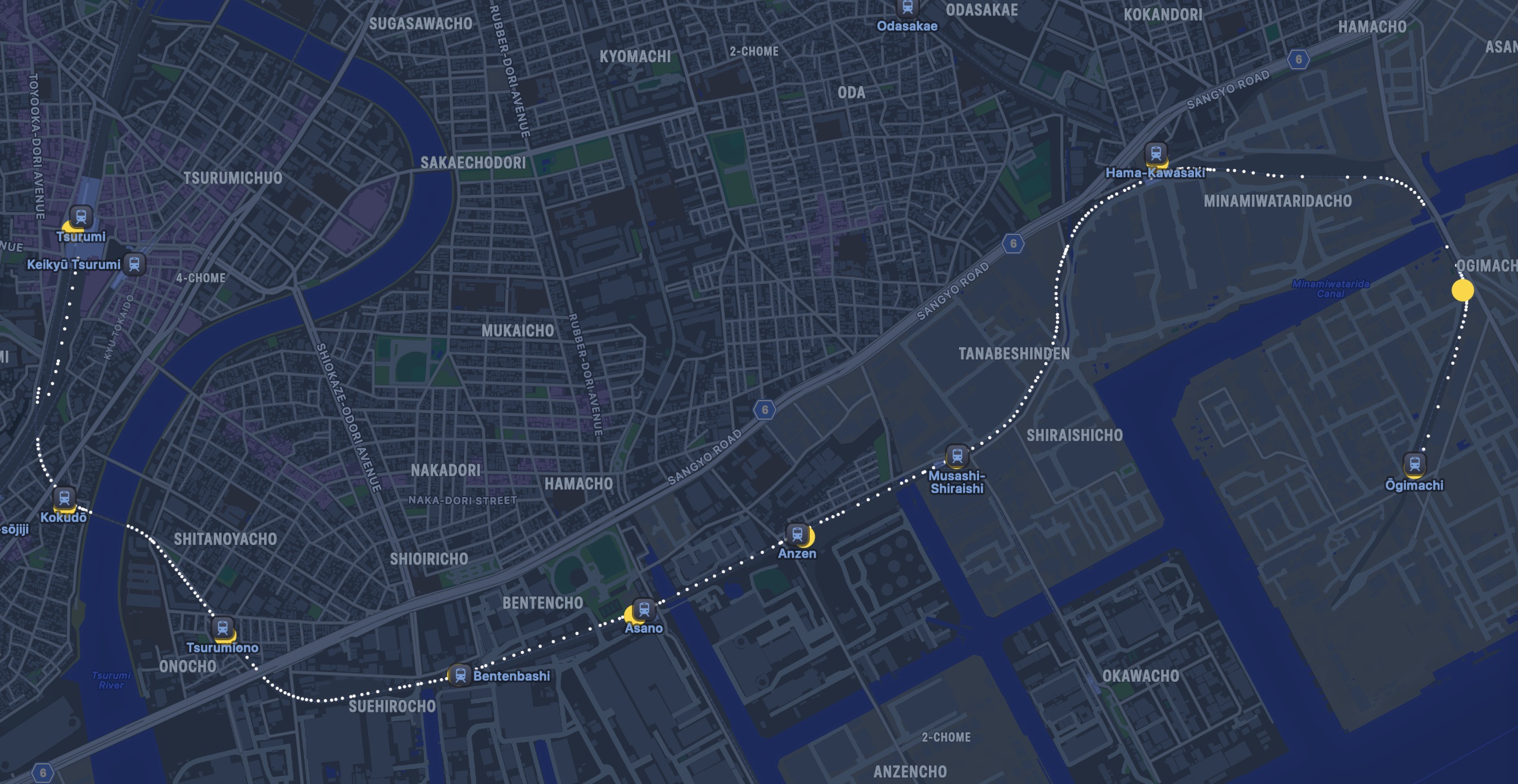 Station geopoints (large yellow dots) vs. railway geopoints (small white dots) for the Tsurumi line Station geopoints (large yellow dots) vs. railway geopoints (small white dots) for the Tsurumi line