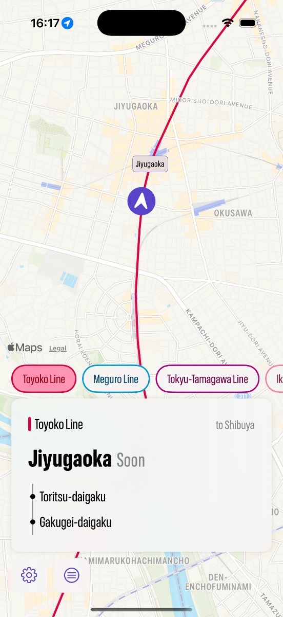 Eki Live's home screen, en route to Jiyugaoka station Eki Live's home screen, en route to Jiyugaoka station