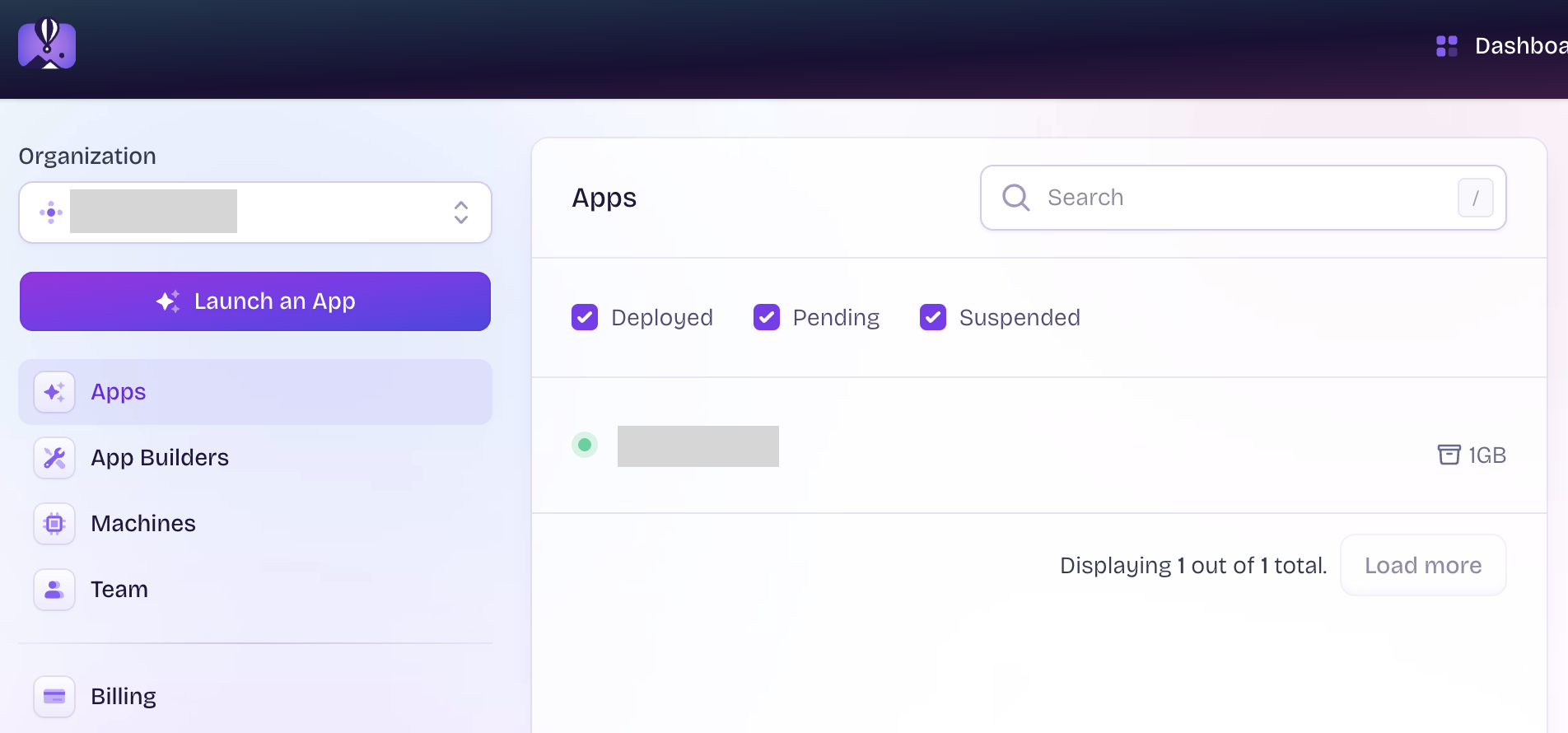Fly.io app status showing running machine with mounted 1GB volume Fly.io app status showing running machine with mounted 1GB volume