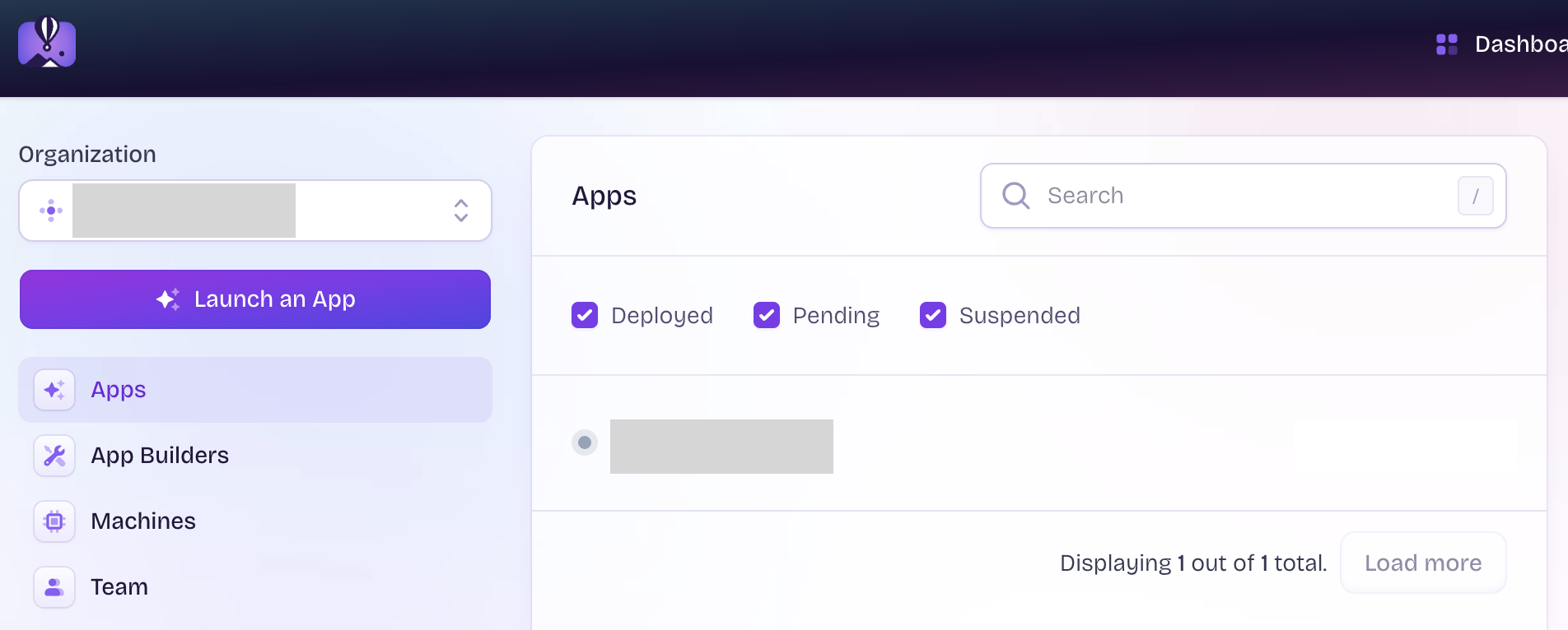 Fly.io Apps dashboard showing your newly created app Fly.io Apps dashboard showing your newly created app