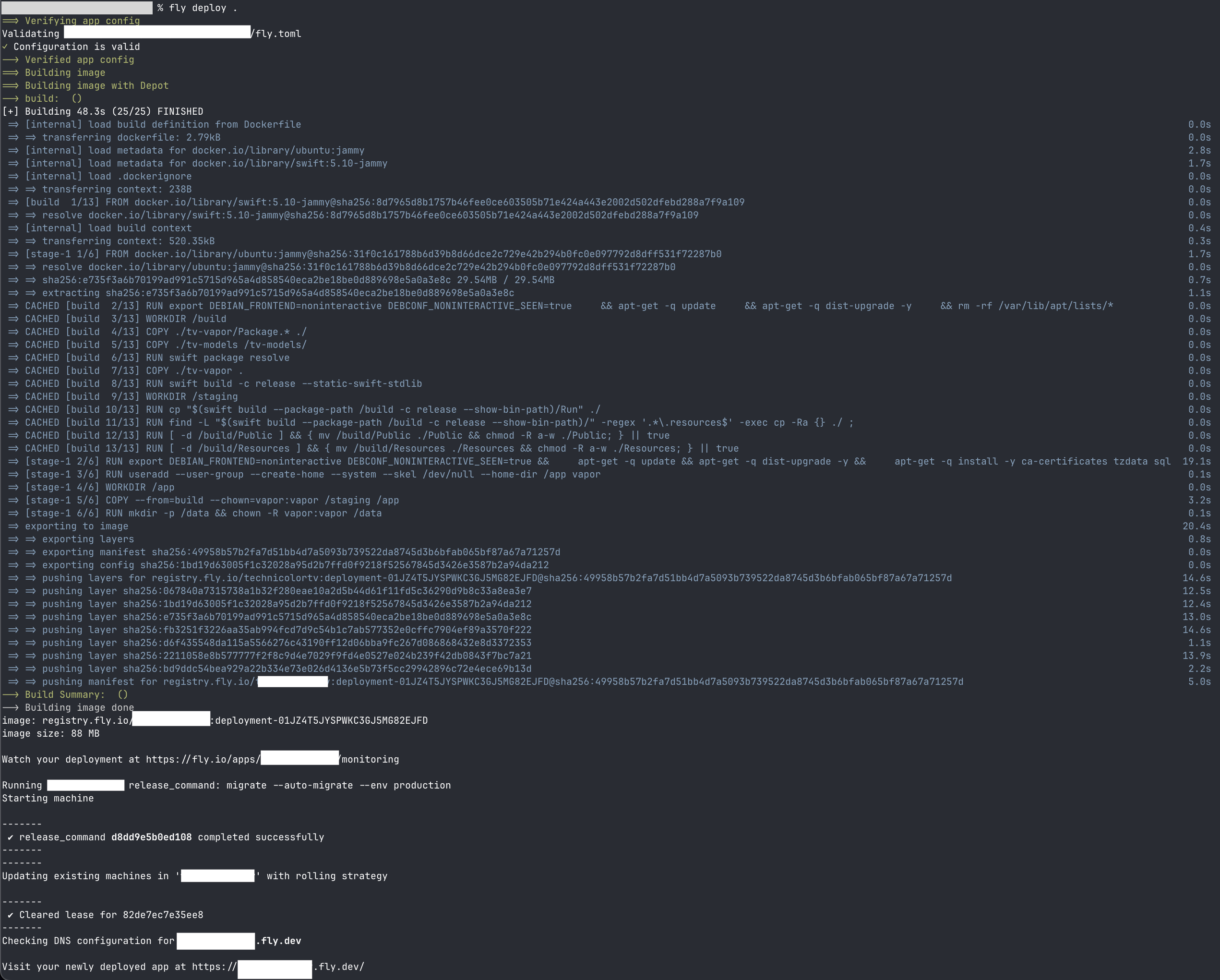 Fly.io deployment logs showing successful deployment Fly.io deployment logs showing successful deployment