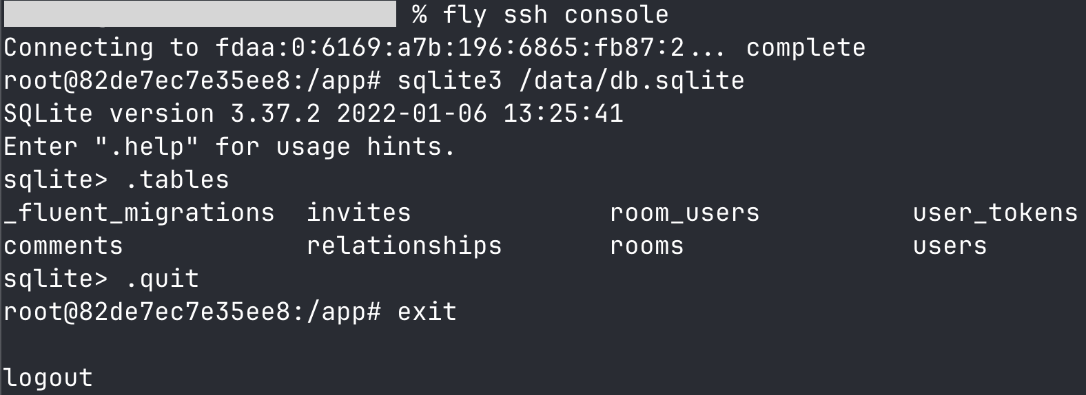 Terminal showing SQLite3 session inside Fly.io machine Terminal showing SQLite3 session inside Fly.io machine