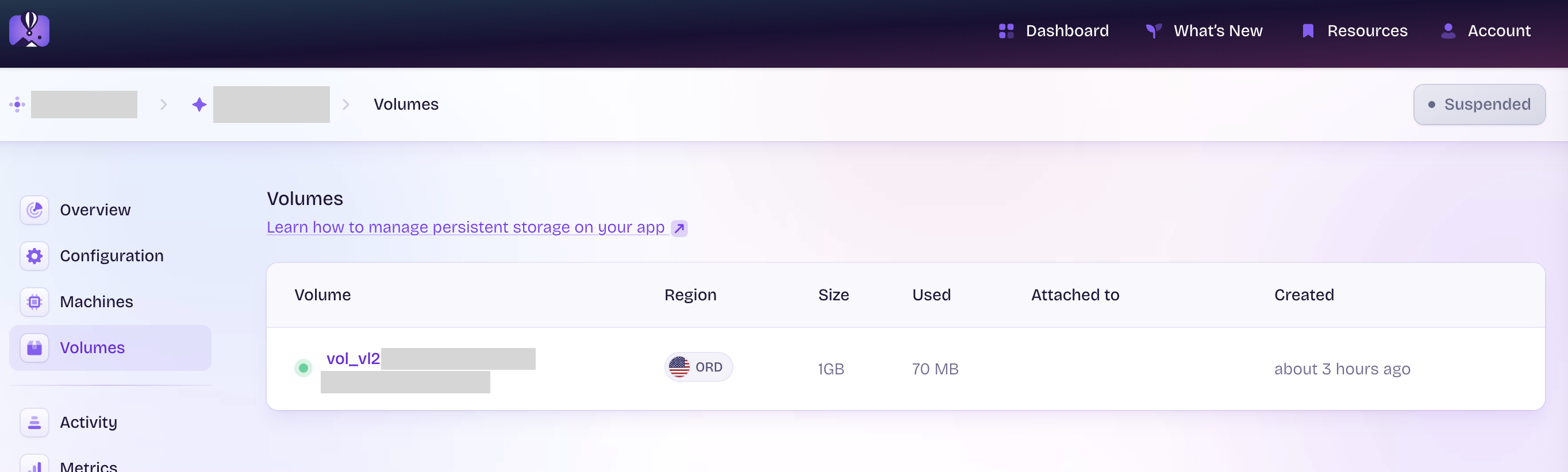 Fly.io Volumes dashboard showing the newly created volume Fly.io Volumes dashboard showing the newly created volume