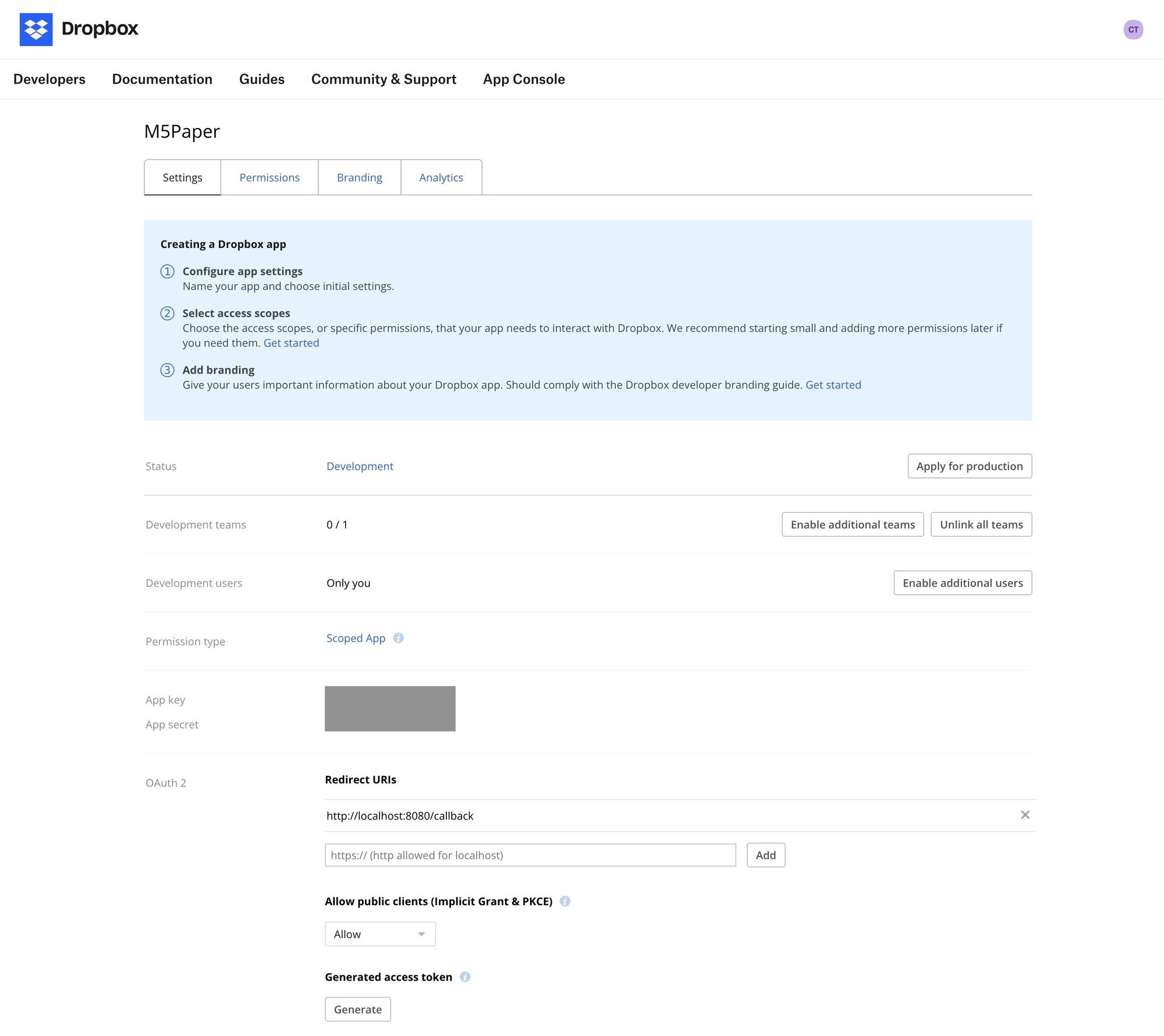 Dropbox app settings showing API token configuration Dropbox app settings showing API token configuration
