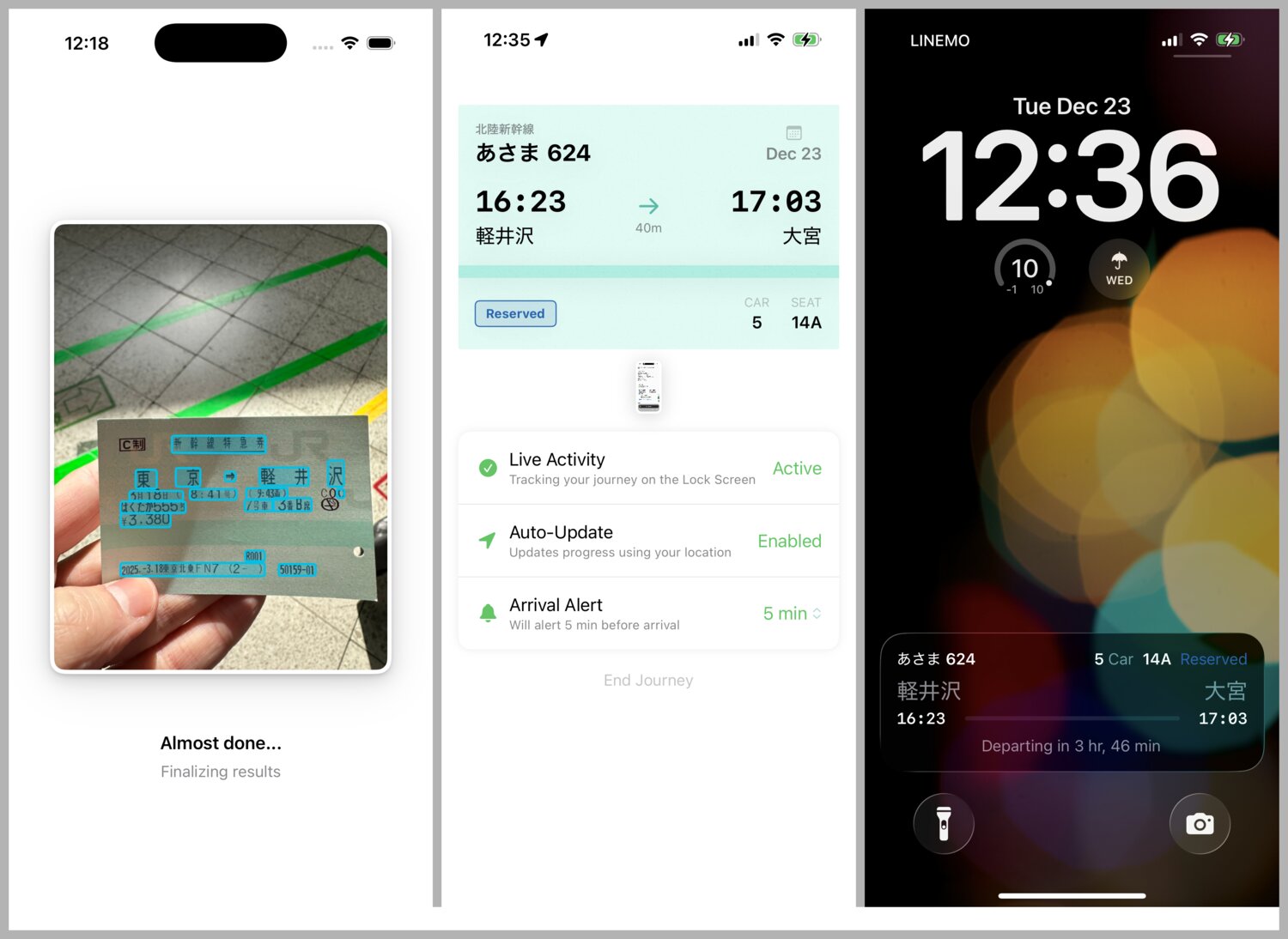 Scan flow in 3 panels: scanning, ticket, lock screen