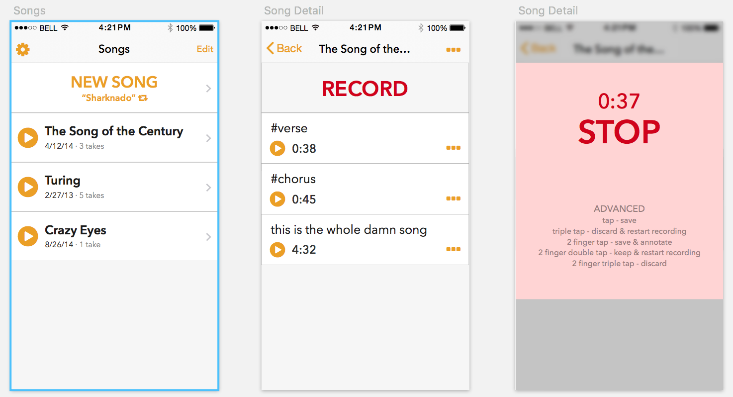 Some rough Sketch mockups of an app for songwriteres
