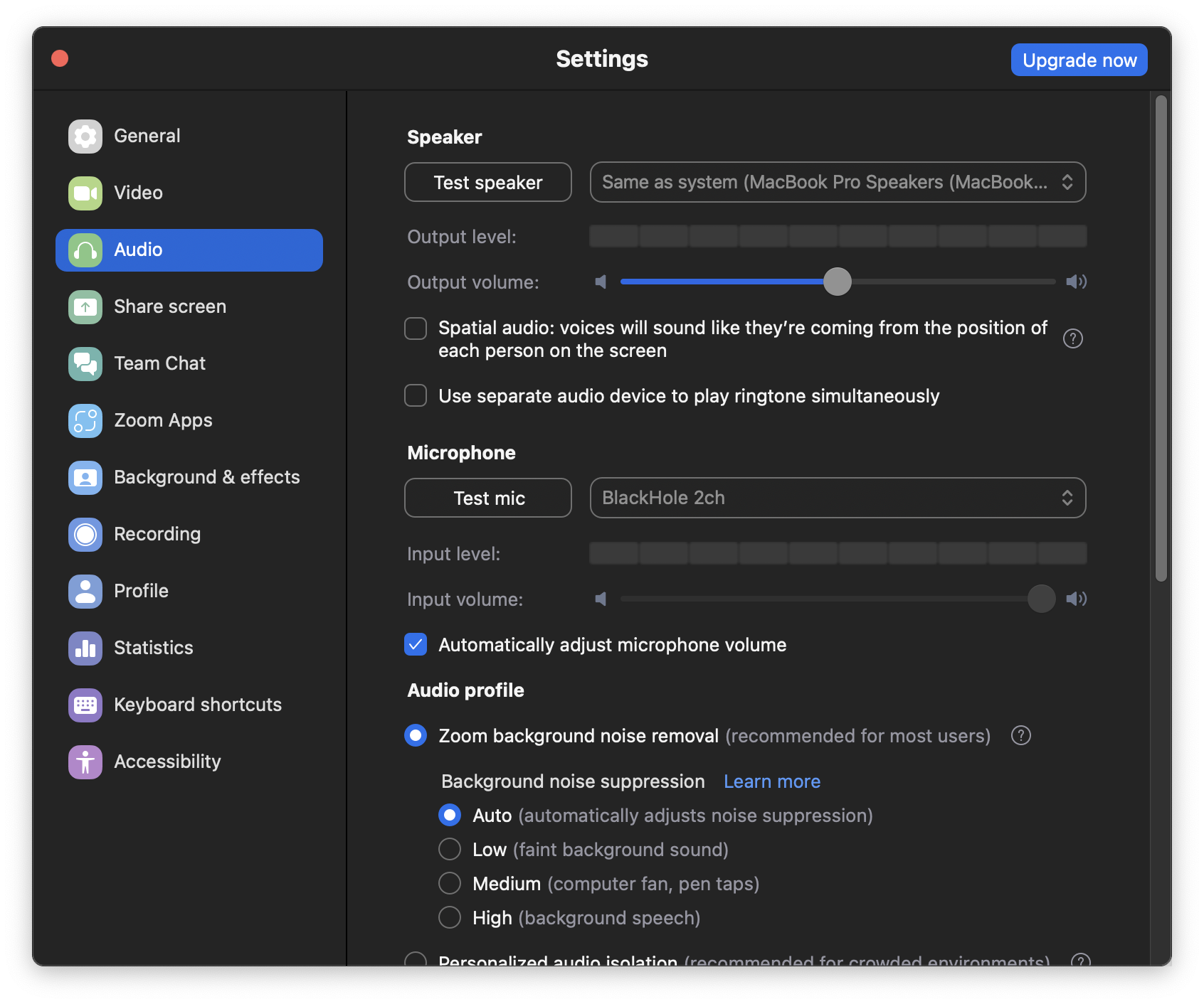 Zoom configured to use the LadioCast -> Blackhole setup