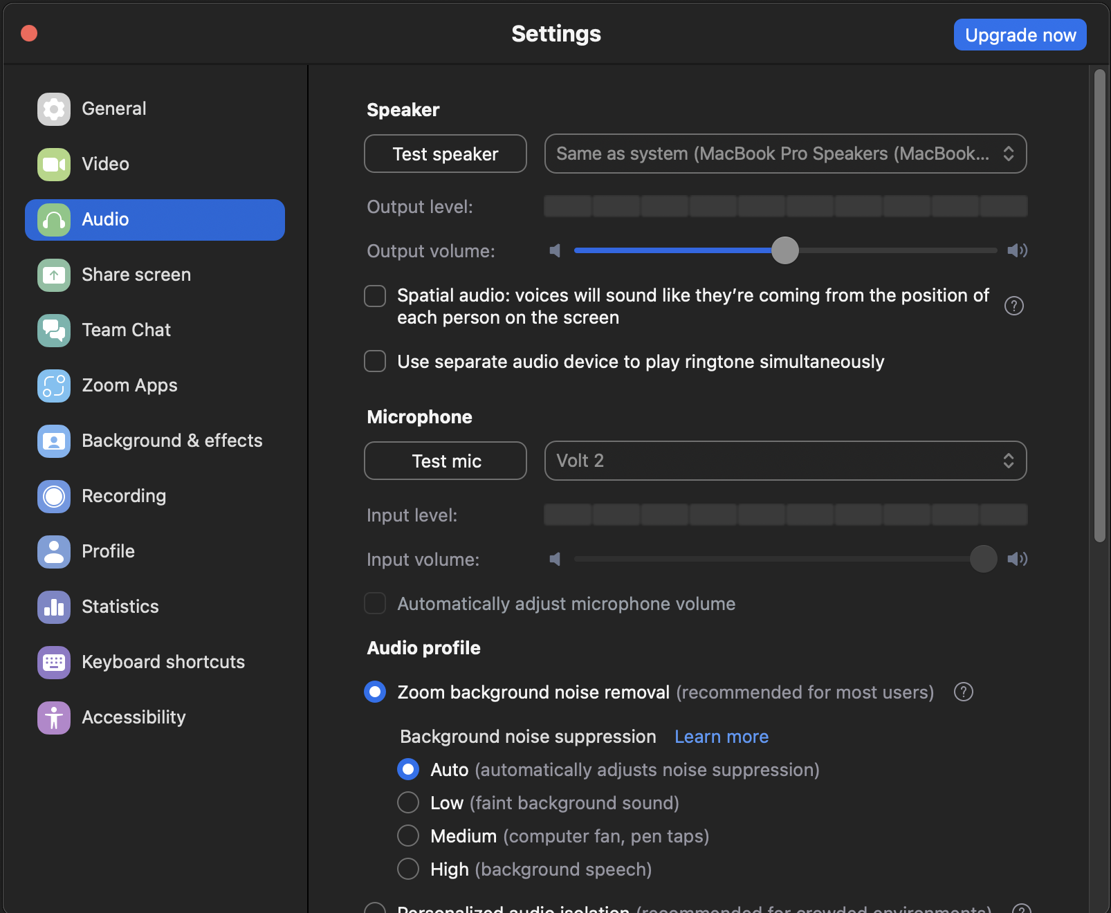 Zoom settings for my UA Volt as an input do not allow specifying which input channel to use