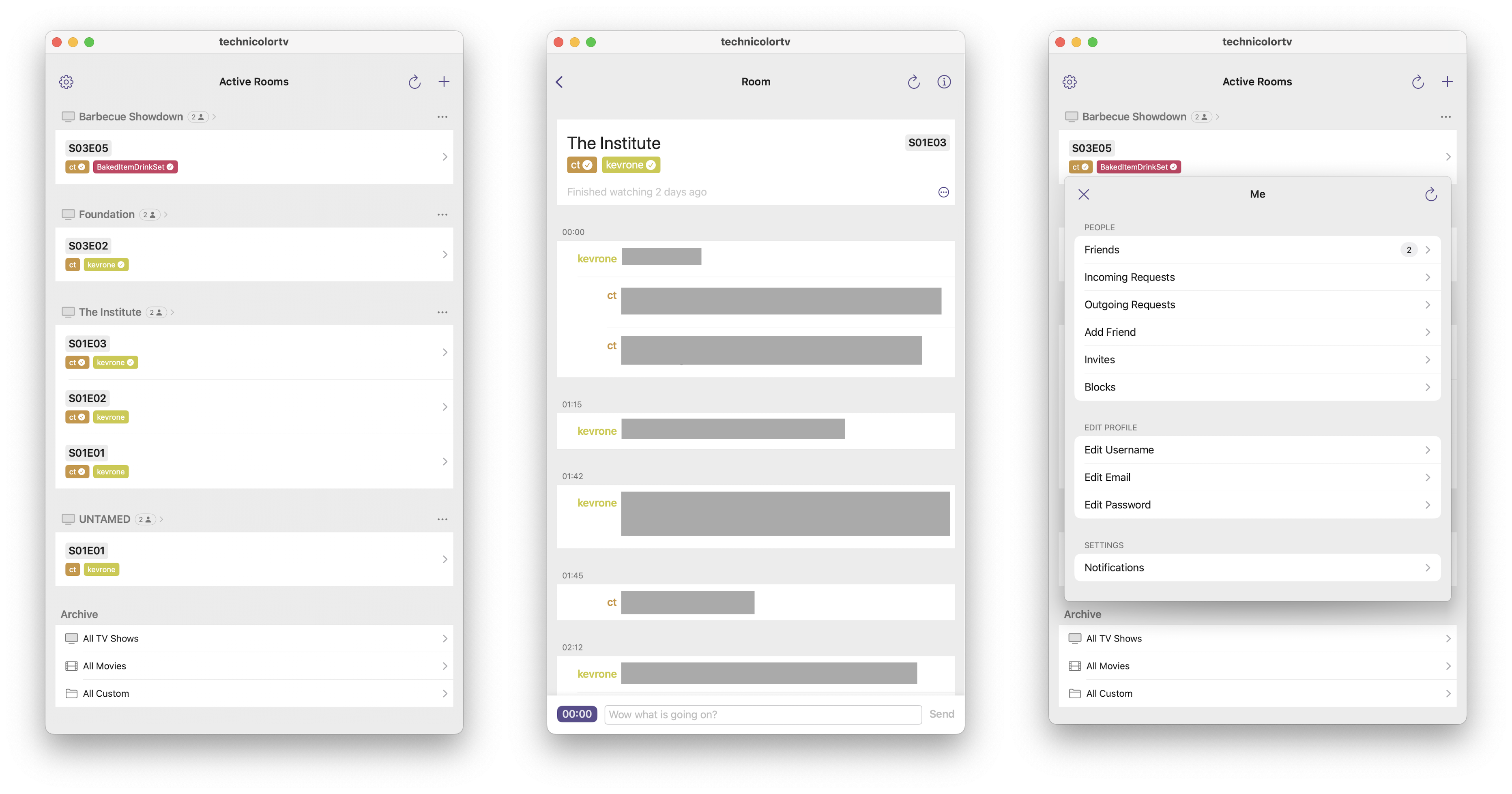 Technicolor app showing the three main user-facing screens: dashboard for managing active rooms, room interface for timestamped chat during episodes, and profile management screen