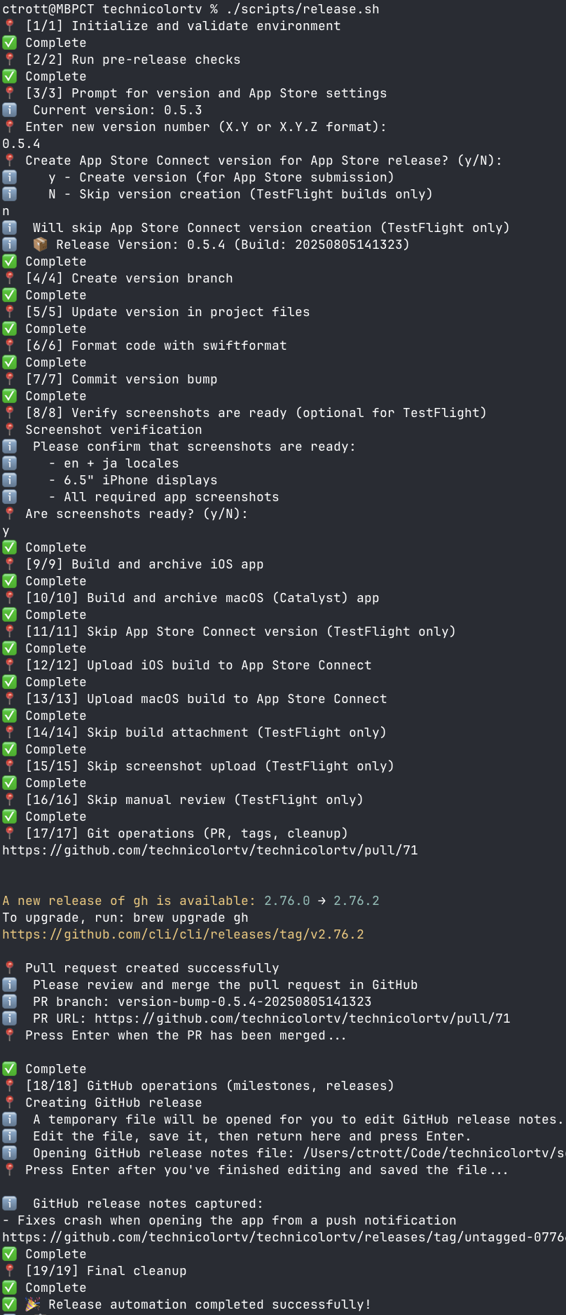 Release automation script output showing the complete deployment workflow with environment validation, version management, build processes, App Store Connect uploads, and GitHub operations