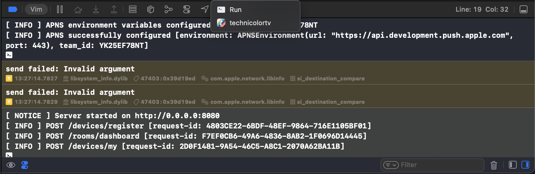Server console output showing Vapor web server startup logs and selector to view logs for the client scheme