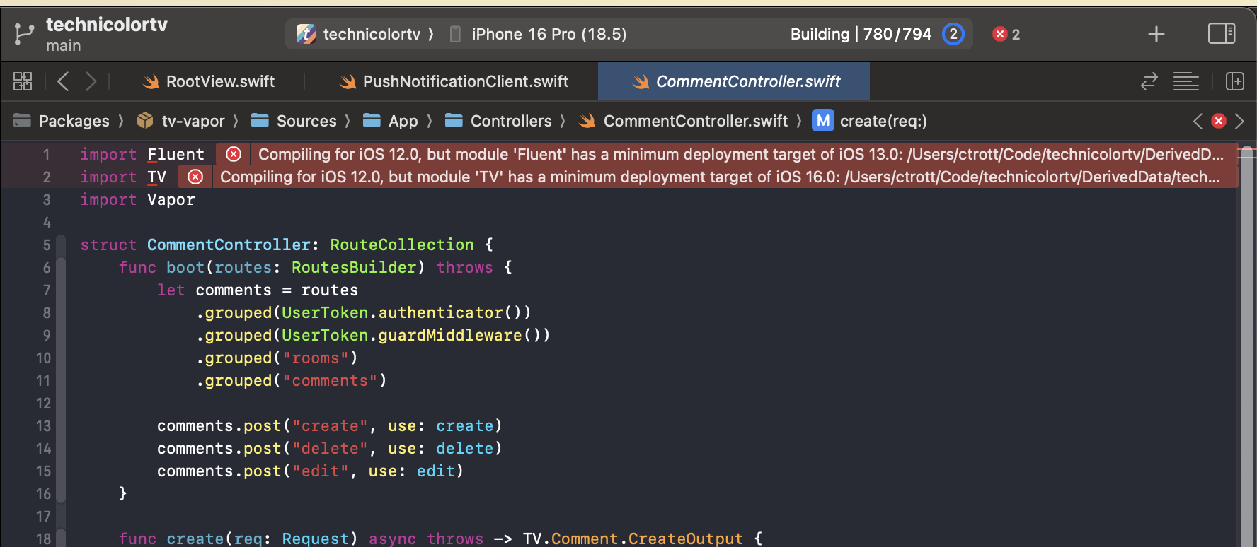 Xcode is confused when the client scheme is selected but server source is visible in the editor