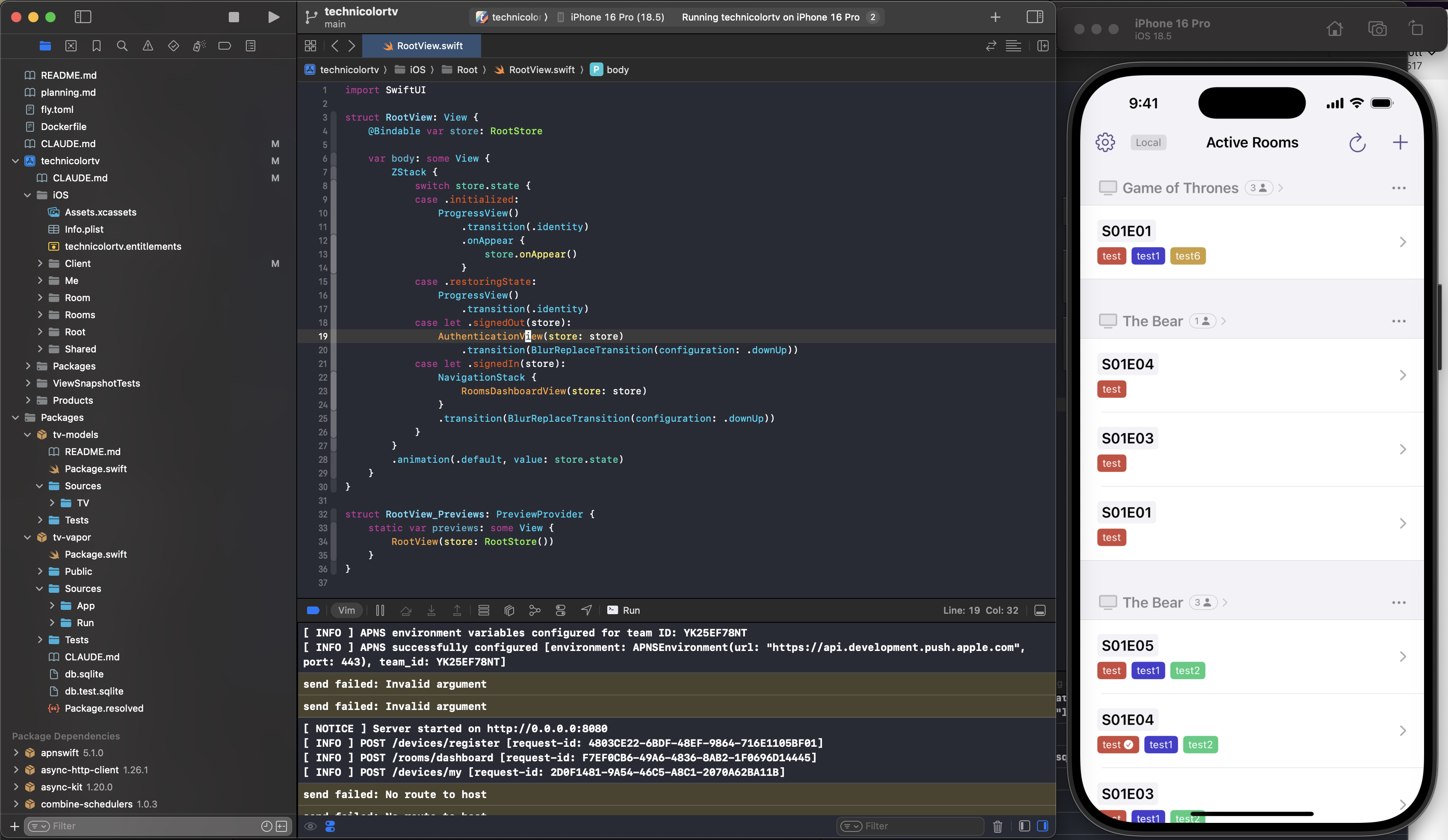 Xcode workspace and iOS simulator simultaneously running both client and server with live console output from the server