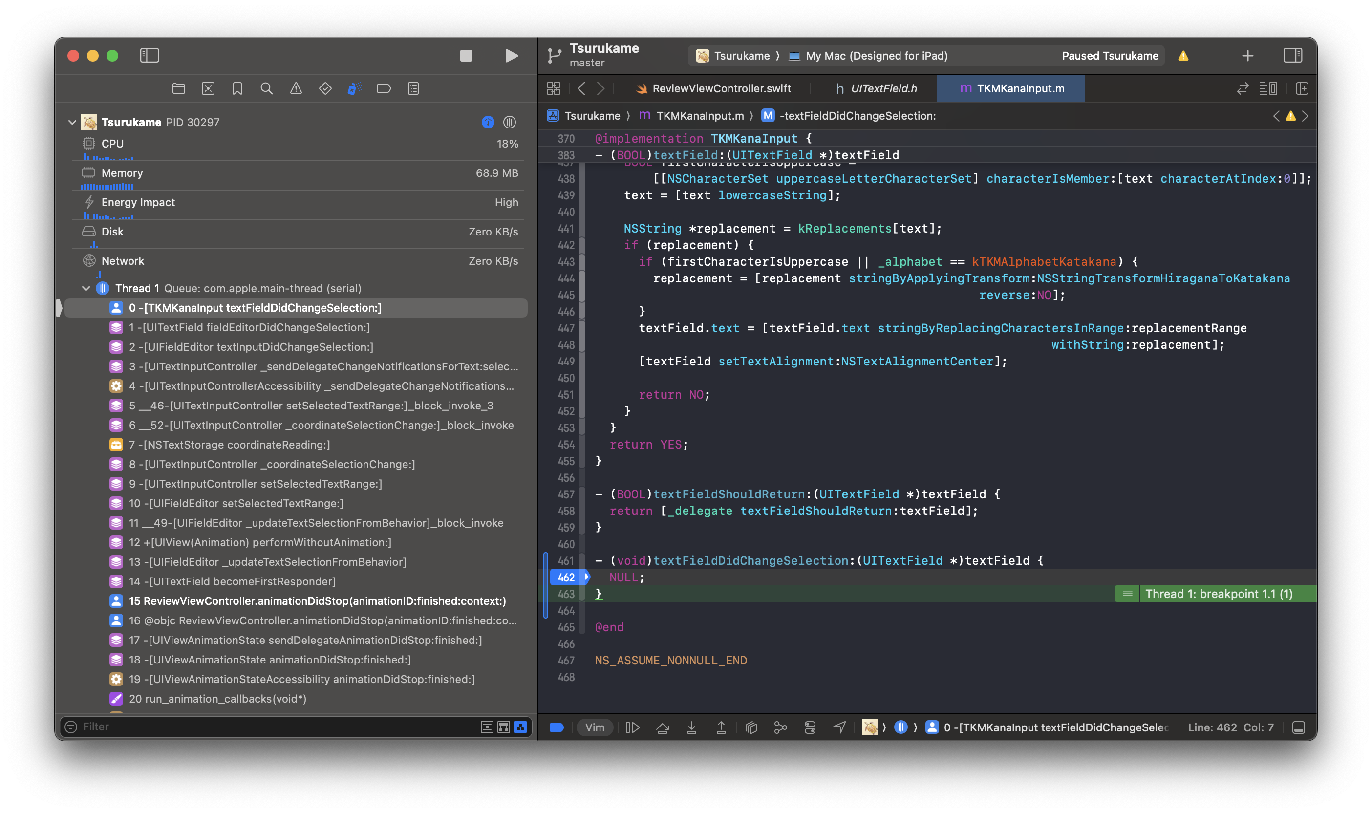 Our breakpoint triggers at the exact time the text field's contents are selected.