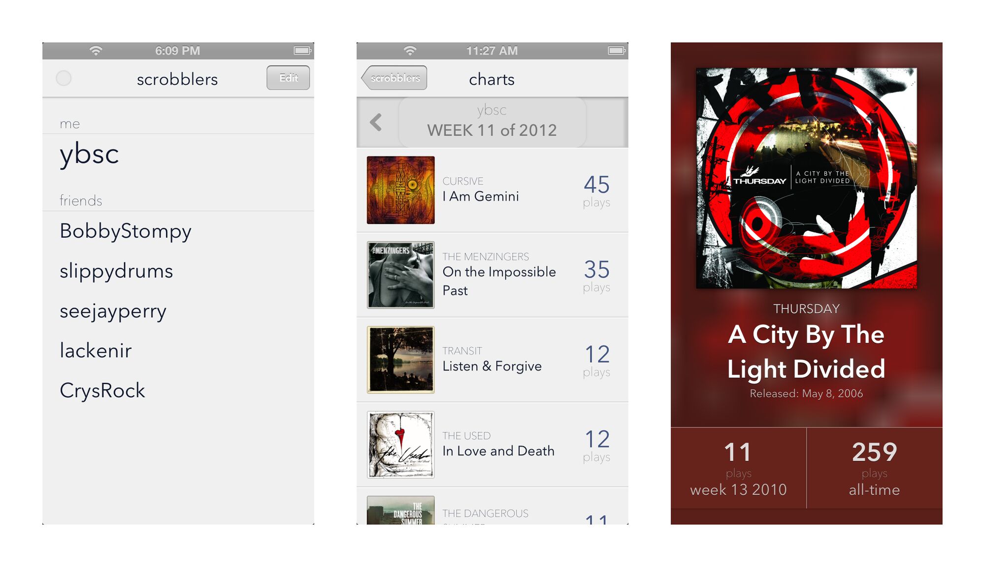 Vinylogue v1.1 main screens: Users List, Weekly Albums, and Album Detail Vinylogue v1.1 main screens: Users List, Weekly Albums, and Album Detail