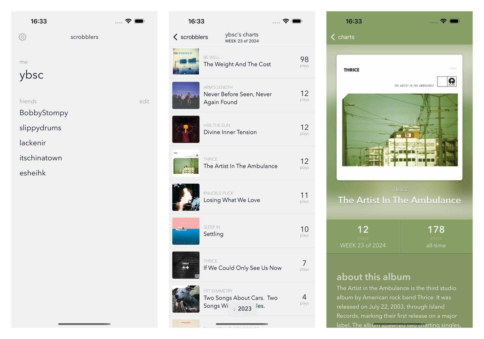 Vinylogue v2.0 main screens: Users List, Weekly Albums, and Album Detail Vinylogue v2.0 main screens: Users List, Weekly Albums, and Album Detail