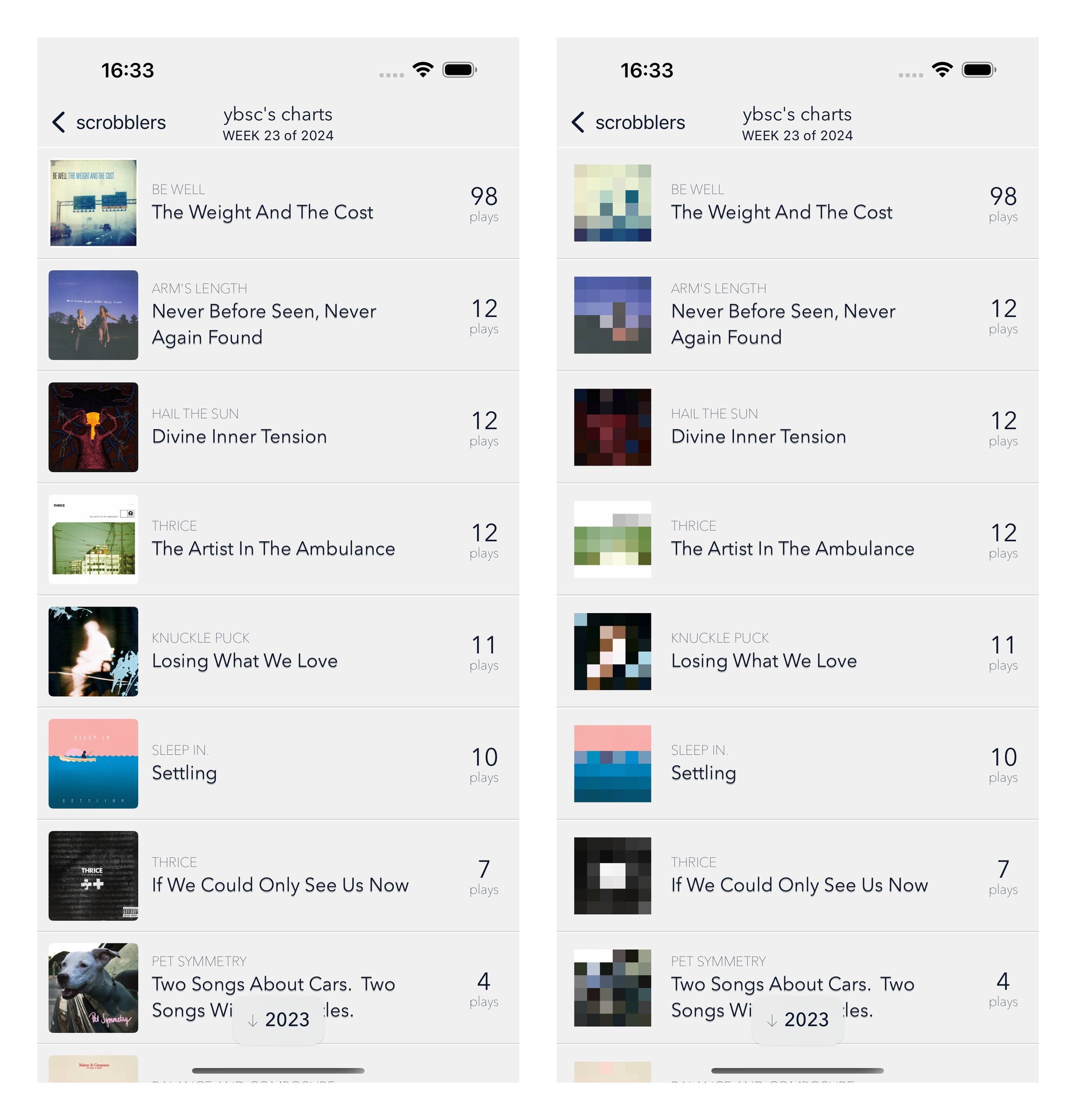 Comparison of non-pixelated and pixelated versions of the weekly album charts for App Store compliance Comparison of non-pixelated and pixelated versions of the weekly album charts for App Store compliance
